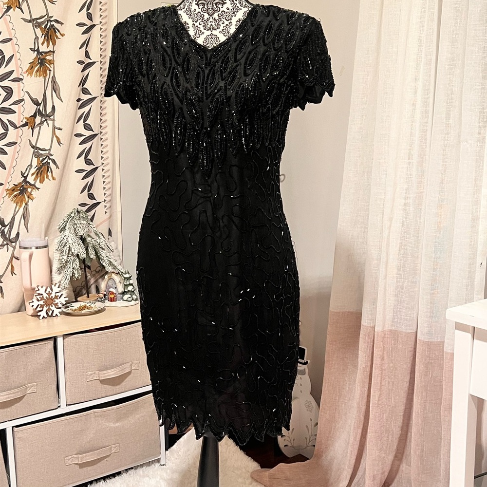 Vtg. Elegant Black Beaded Dress